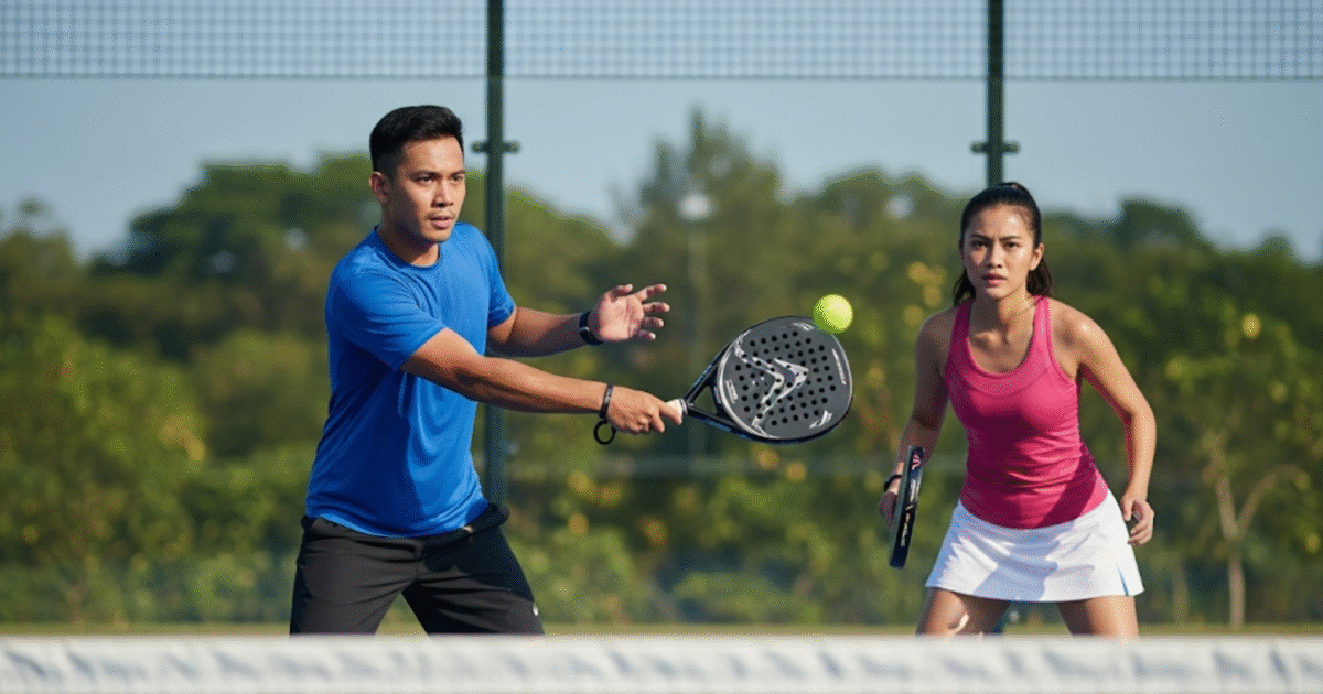 seorang pria bermain padel dengan seorang wanita