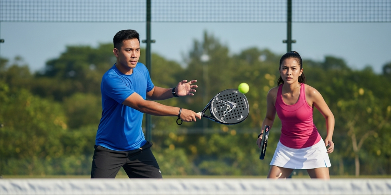 seorang pria bermain padel dengan seorang wanita